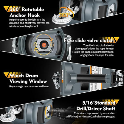 Portable Drill Winch of 1000 LB, Rotate The Hook 360 Degrees, - Image 4