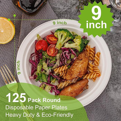 WELLIFE 100% Compostable Paper Plates 9 Inch, Biodegradable Bagasse, - Image 2