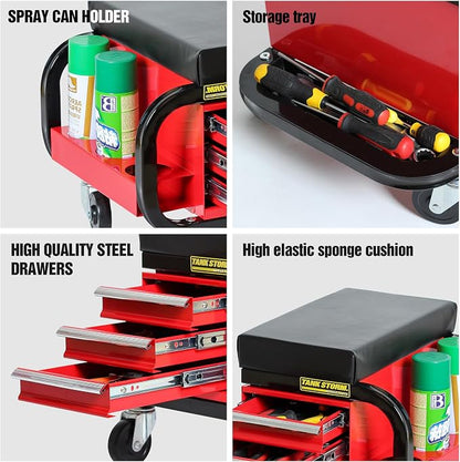 Tool Box Built-in Creeper Seat, Garage Shop Roller Seat, 3 Drawers Heavy Duty - Image 8