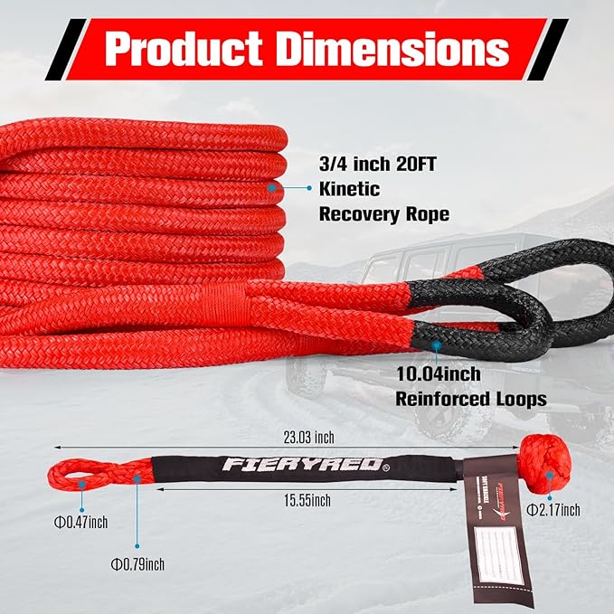 FieryRed 3/4” x 20FT Kinetic Recovery Rope Kit - Image 2