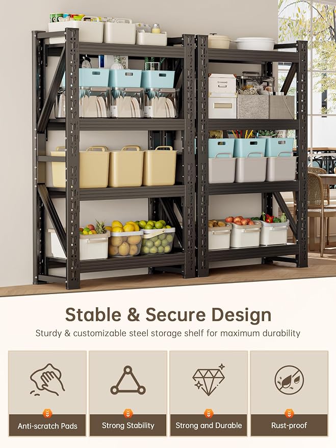 4-Tier Storage Shelves, Adjustable Industrial Metal Shelf System, 000lbs - Image 4