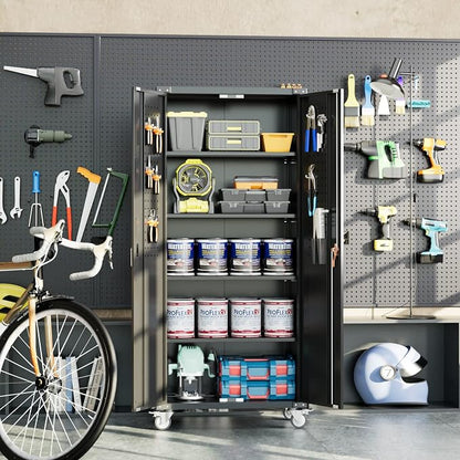 72" Metal Storage Cabinet with Wheels and Pegboard, Lockable Rolling Steel - Image 2