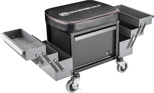 Powerbuilt Rolling Seat with Expandable Tool Trays, Roller Toolbox Garage Stool by PowerbuiltTools