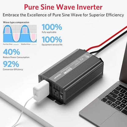 500W Pure Sine Wave Power Inverter, DC 12V to 110V AC Car Plug Inverter Adapter - Image 3