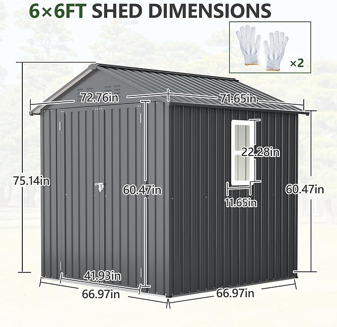 6x6 ft Metal Storage Shed Outdoor, Metal Steel Utility Tool Shed Storage House - Image 2