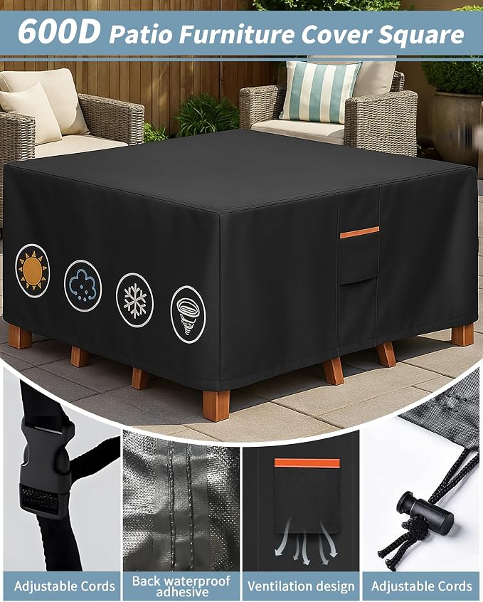 Outdoor Waterproof Furniture Cover, 62W x 62L x 28H inches Heavy Duty 600D - Image 5