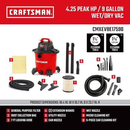 CRAFTSMAN CMXEVBE17590 9 Gallon 4.25 Peak HP Wet Dry Vac, Portable Shop Vacuum - Image 5