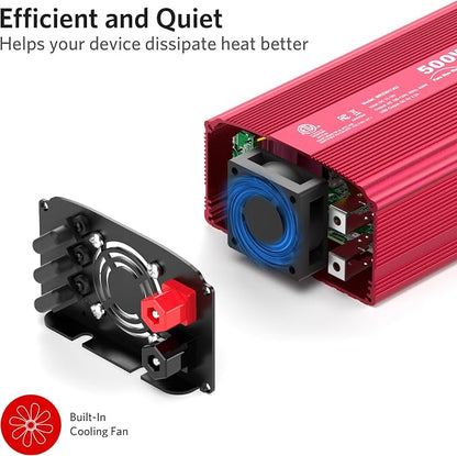 500W Pure Sine Wave Power Inverter, DC 12V to 110V AC Car Plug Inverter Adapter - Image 4