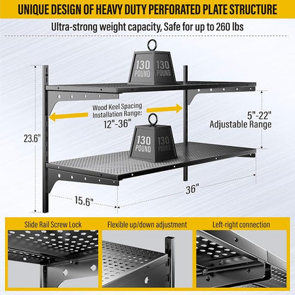 2 Tier 1.3x3ft Garage Shelving Wall Mounted, 400 lbs Load Capacity, 15.6x36inch - Image 3