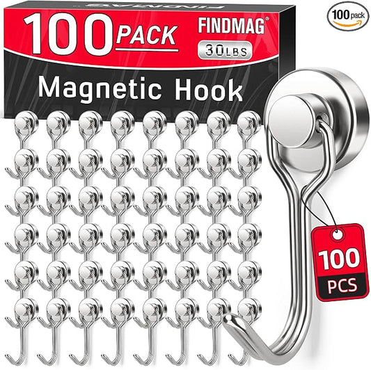 FINDMAG 100 Pack Magnetic Hooks, 30lbs+ Magnetic Hooks by FINDMAG