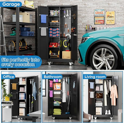 Garage Storage Cabinet with Wheels and 5 Pegboard, Broom Closet Storage Cabinet - Image 8