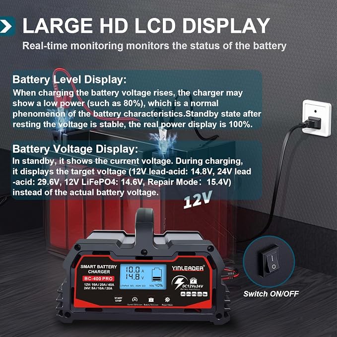 Battery Charger 40A, 12V/24V Lead Acid Smart Battery Charger, 12V LiFePO4 Car - Image 6