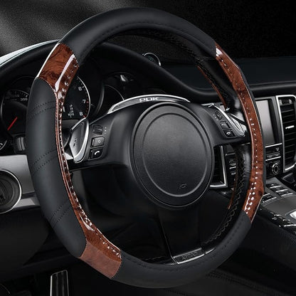 CAR PASS Wood Grain Microfiber Leather Sporty 14.5-15 inch Steering Wheel Cover by CARPASS