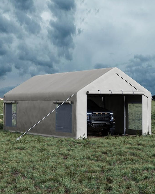 13x25 Ft Carport with 10 Sandbags, Car Port with 220g PE Tarp, 2 Roll-Up Doors by GarveeLife