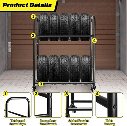 Tire Rack, Rolling Tire Rack 218KG/480LBS Capacity, 2 Storage Shelf & 4 Swivel - Image 4