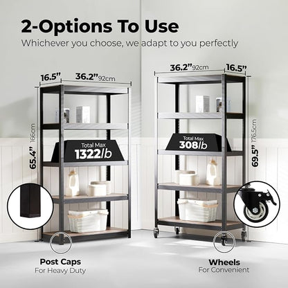 HOMEDANT House 5-Tier Metal Rolling Cart Shelf Rack Casters Heavy Duty - Image 2