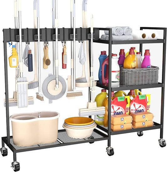 GIOTORENT Heavy Duty Metal Cleaning Cart - 300lb Capacity Rolling Broom Holder by GIOTORENT
