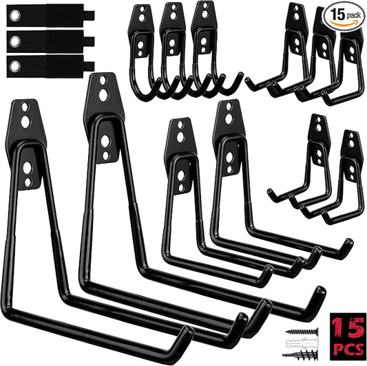 Garage Tool Storage Wall Hook Assortment Set: 15PCS Heavy Duty Large Hanger by SEDY