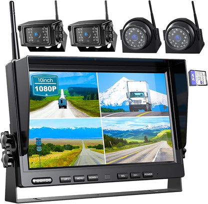 Fookoo HD 10" Wireless Backup Camera System, 1080P 10-inch Quad Split Monitor by FOOKOO