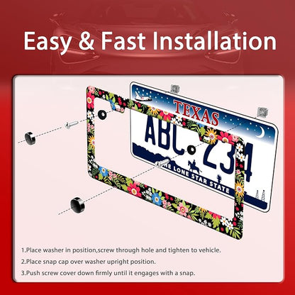 Folk Art Flowers License Plate Frame Funny Colorful License Plate Frames - Image 3