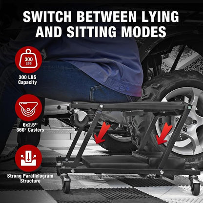 Torin 2-in-1 Foldable Garage Shop Creeper, 300 lbs Capacity, 6 Wheels - Image 4