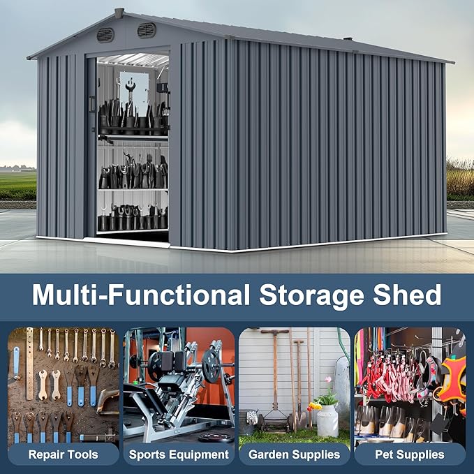 LANTRO JS 10x8FT Metal Outdoor Storage Shed, Garden Tool Shed Without Floor - Image 9