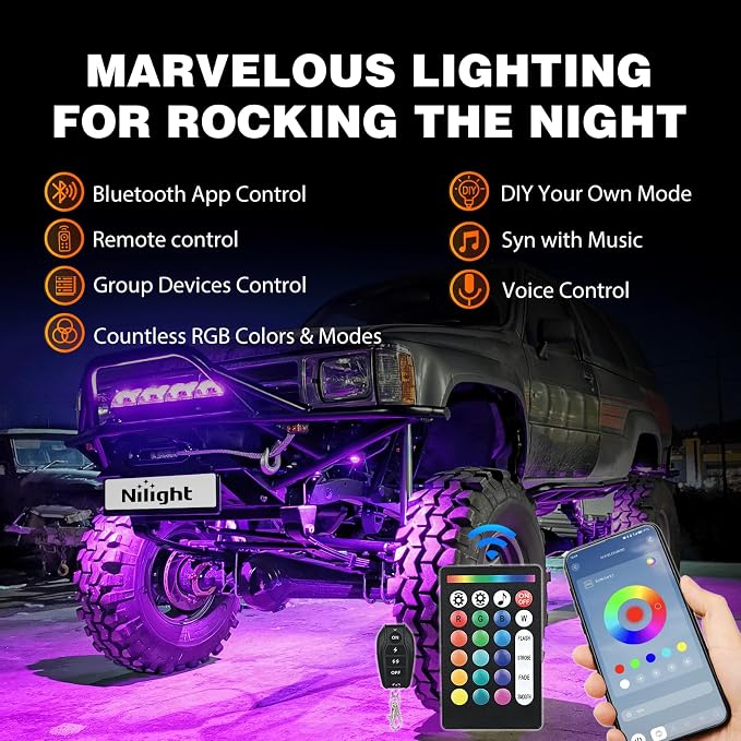 Nilight RGB LED Rock Lights Kit 4 PCS 18LED Wide Angle Wheel Well Light - Image 3