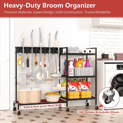 GIOTORENT Heavy Duty Metal Cleaning Cart - 300lb Capacity Rolling Broom Holder - Image 3