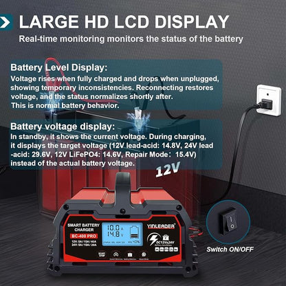 Battery Charger 40A, 12V/24V Lead Acid Smart Battery Charger, 12V LiFePO4 Car - Image 8