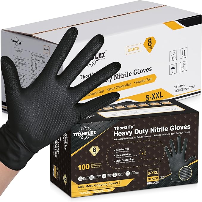 TitanFlex Thor Grip Heavy Duty Black Industrial Nitrile Gloves by TitanFlexDisposableGloves