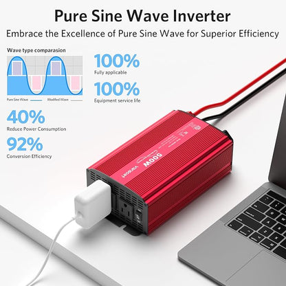 500W Pure Sine Wave Power Inverter, DC 12V to 110V AC Car Plug Inverter Adapter - Image 3