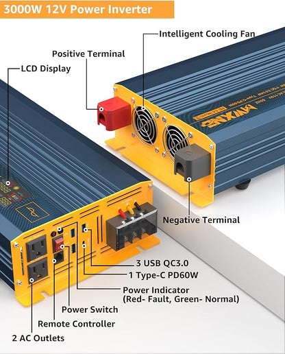 3000W Pure Sine Wave Power Inverter DC 12V to 110V 120V - Image 2