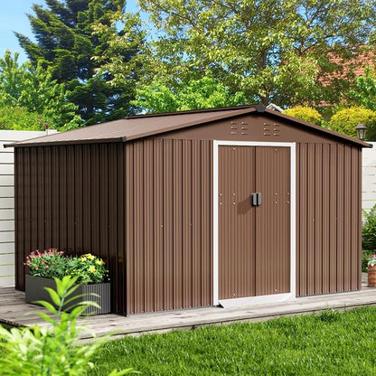 10x10 Ft Brown Metal Outdoor Storage Shed, Large Garden Shed by GarveeLife