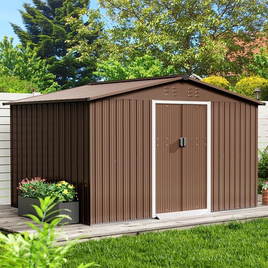 10x10 Ft Brown Metal Outdoor Storage Shed, Large Garden Shed by GarveeLife