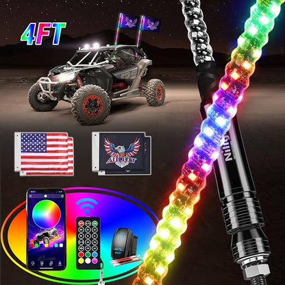 Nilight 2PCS 4FT RGB LED Whip Lights, Remote App Control w/DIY Chasing Patterns by Nilight