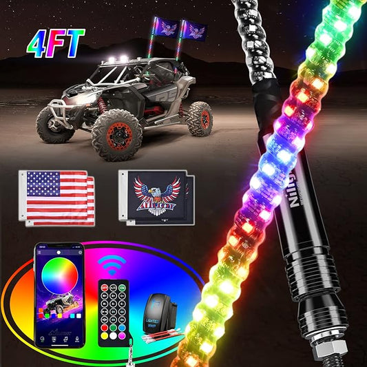 Nilight 2PCS 4FT RGB LED Whip Lights, Remote App Control w/DIY Chasing Patterns by Nilight