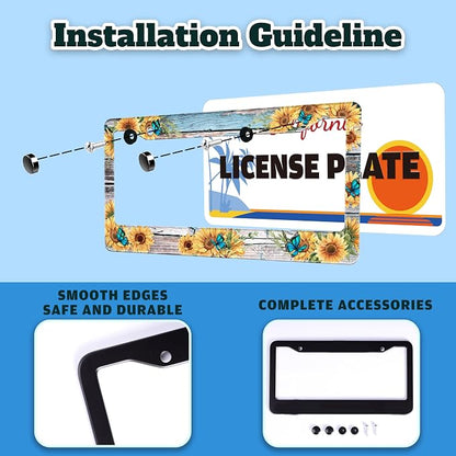 Blue Butterfly Sunflower License Plate Frame Wooden Board Flowers Animals - Image 4