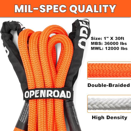 OPENROAD 1" x30ft Kinetic Recovery Rope 36, 000LBS Heavy Duty Offroad Tow Strap - Image 2
