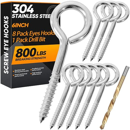 8Pcs 6 Inch Heavy Duty Screw Eyes Hooks, 304 Stainless Steel Self Tapping by YAIRMIS