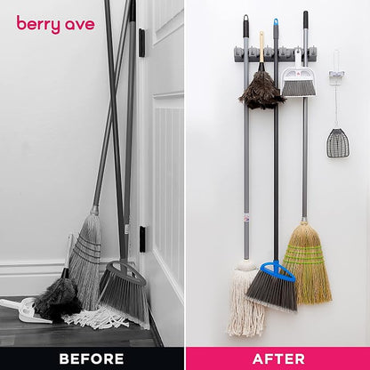 Combo 5 Slot Broom Holder w/ 1 Self Adhesive Mop Gripper No-Drilling, Wall - Image 7