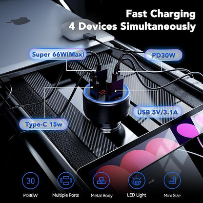 USB C Car Charger Fast Charging USB C Cable, 78W 4 Port iPhone 16 15 Car - Image 2