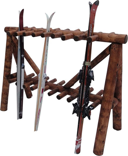 21-Place Freestanding Log Ski Rack Holder, Indoor & Outdoor Snowboard Racks by LogKayakRack