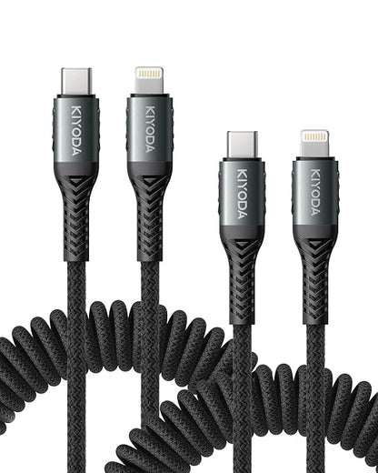 Coiled USB C iPhone Charger 3FT 2Pack, Braided Type C to Lightning Cable by KIYODA