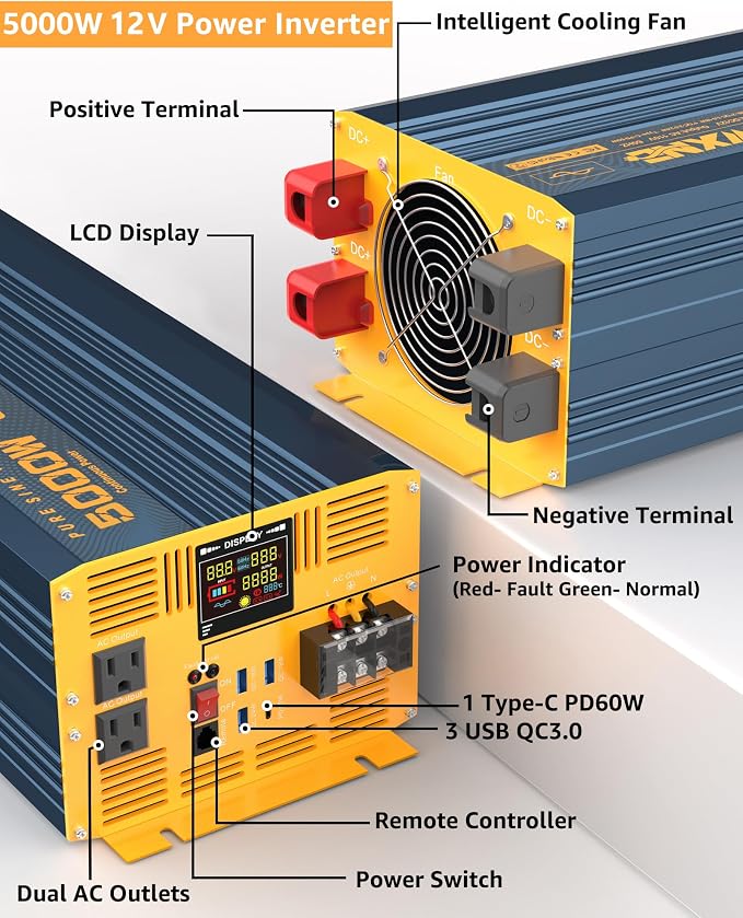 5000 Watt Power Inverter Pure Sine Wave 12V DC to 110V 120V 10000W Peak Heavy - Image 2