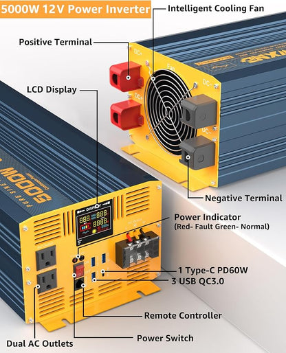 5000 Watt Power Inverter Pure Sine Wave 12V DC to 110V 120V 10000W Peak Heavy - Image 2