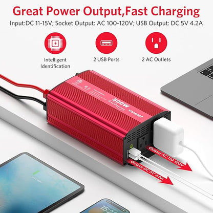 500W Pure Sine Wave Power Inverter, DC 12V to 110V AC Car Plug Inverter Adapter - Image 2