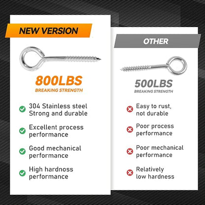 4Pcs 6 Inch Heavy Duty Screw Eyes Hooks, 304 Stainless Steel Self Tapping - Image 4