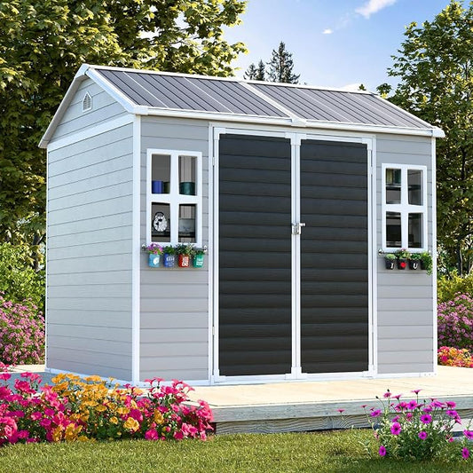 8x6x7 FT Resin Storage Shed, Waterproof Outdoor Shed w/Floor Included, 2 Windows by SELLERWE