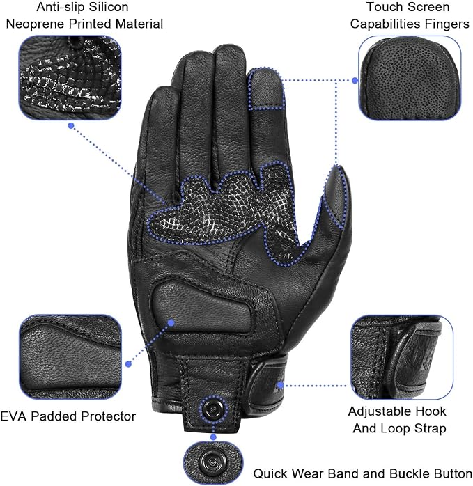 Updated Full Finger Leather Motorcycle Gloves Phone Touch Goat Skin Black - Image 3