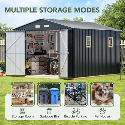 10x10 FT Outdoor Metal Storage Shed, Double Swing Doors, 2 Clear Windows - Image 3